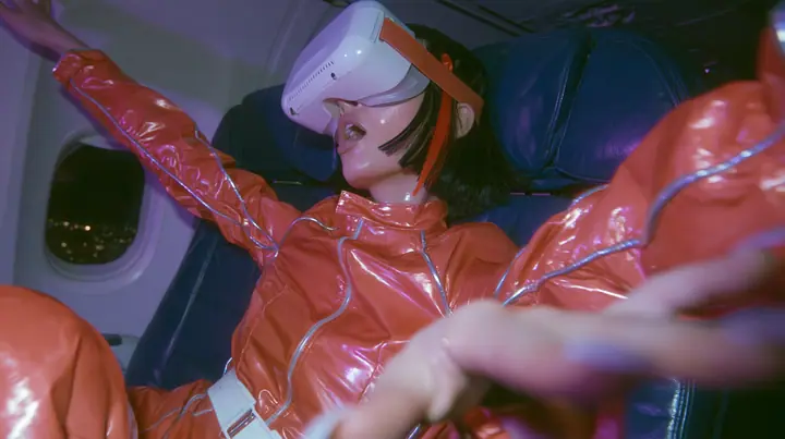 Jet-set fashion editorial, night flight: medium close-up of a woman in a glossy international-orange satin flight jumpsuit with silver piping and a white belt with a black bob and one orange streak, a glossy white VR…