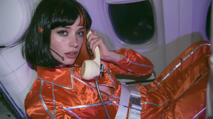 Jet-set fashion editorial, night flight: an eye-level medium shot of a Caucasian American woman in her early thirties, a grown woman with elegant mature features and defined cheekbones, pale freckled skin, a glossy…