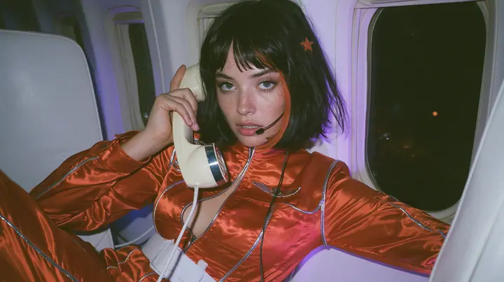 Jet-set fashion editorial, night flight: an eye-level medium shot of a Caucasian American woman in her early thirties, a grown woman with elegant mature features and defined cheekbones, pale freckled skin, a glossy…