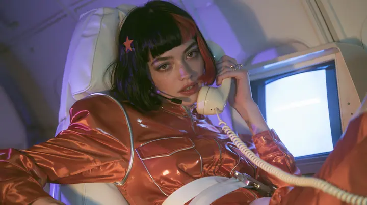 Jet-set fashion editorial, night flight: an eye-level medium shot of a Caucasian American woman in her early thirties, a grown woman with elegant mature features and defined cheekbones, pale freckled skin, a glossy…