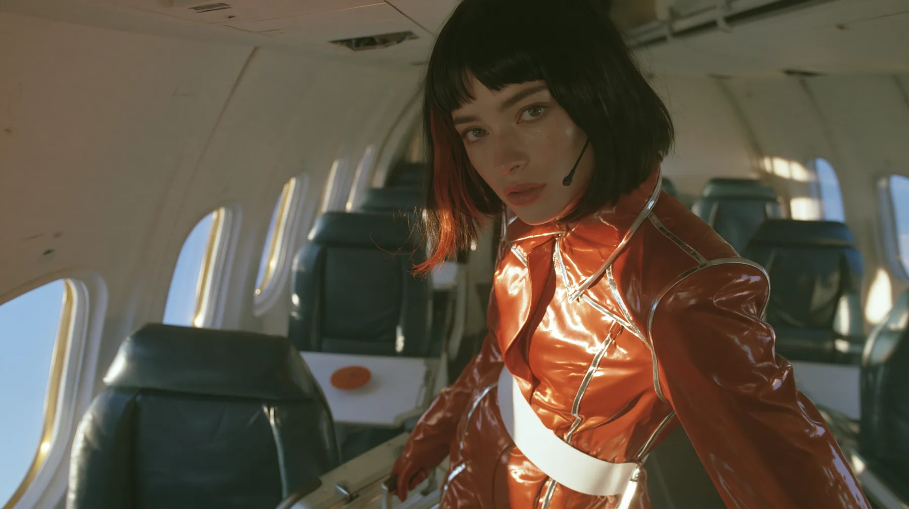 Fashion editorial, sunrise: a medium-wide shot of a Caucasian American woman in her late twenties with pale skin and a glossy black blunt bob with heavy straight bangs and one clay-orange streak, a thin black headset…