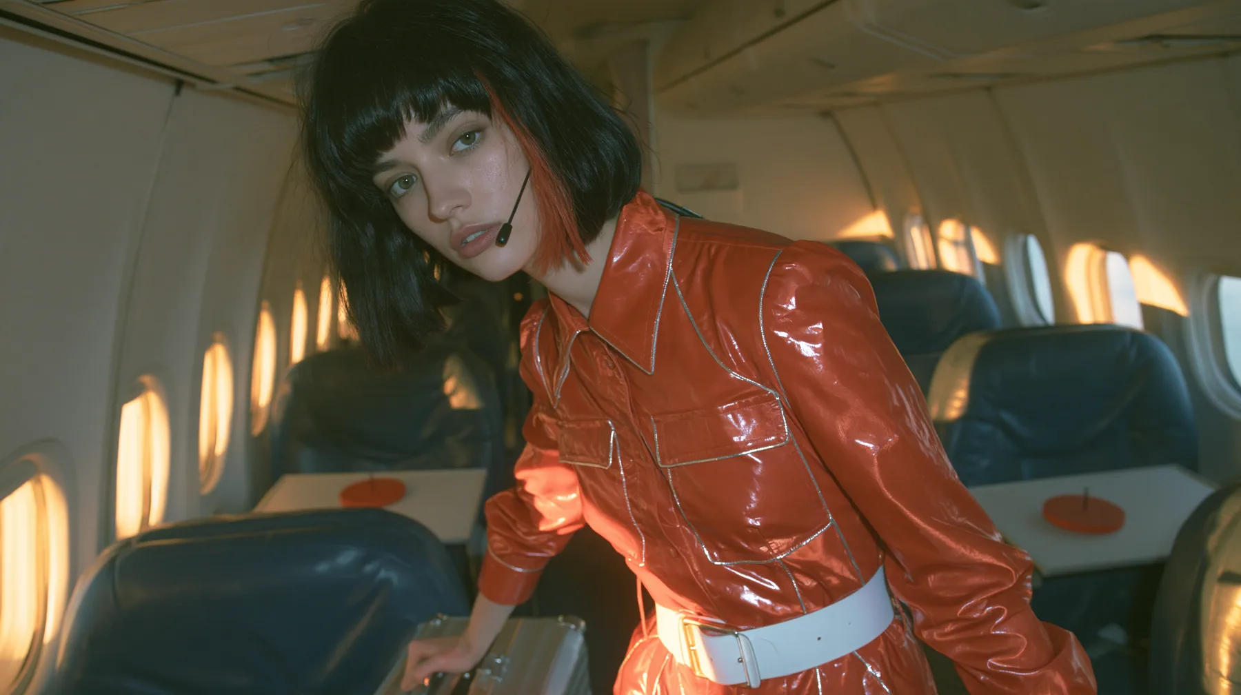 Fashion editorial, sunrise: a medium-wide shot of a Caucasian American woman in her late twenties with pale skin and a glossy black blunt bob with heavy straight bangs and one clay-orange streak, a thin black headset…