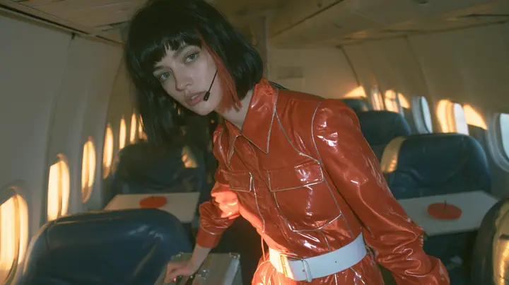 Fashion editorial, sunrise: a medium-wide shot of a Caucasian American woman in her late twenties with pale skin and a glossy black blunt bob with heavy straight bangs and one clay-orange streak, a thin black headset…