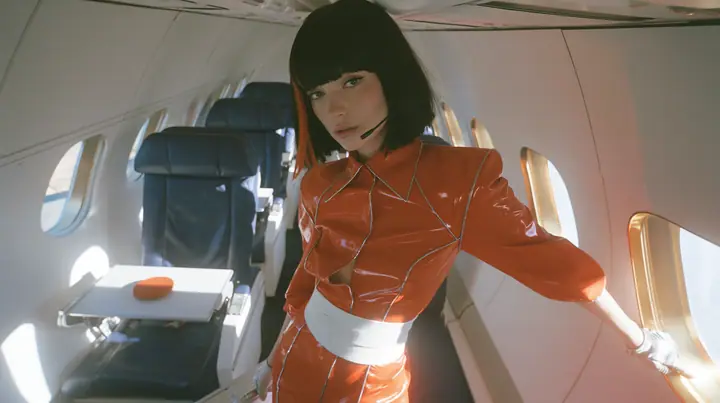 Fashion editorial, sunrise: a medium-wide shot of a Caucasian American woman in her late twenties with pale skin and a glossy black blunt bob with heavy straight bangs and one clay-orange streak, a thin black headset…