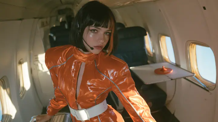 Fashion editorial, sunrise: a medium-wide shot of a Caucasian American woman in her late twenties with pale skin and a glossy black blunt bob with heavy straight bangs and one clay-orange streak, a thin black headset…