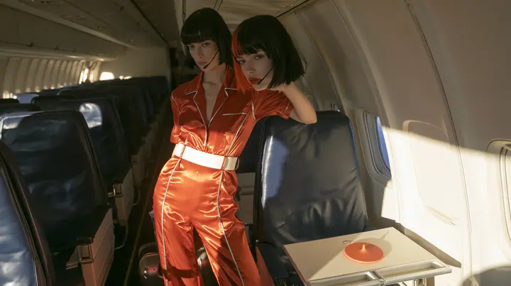 Fashion editorial, sunrise: an eye-level wide shot down the aisle of a widebody airliner cabin with navy leather seats and white walls, golden morning light, a Caucasian American woman in her late twenties with pale…
