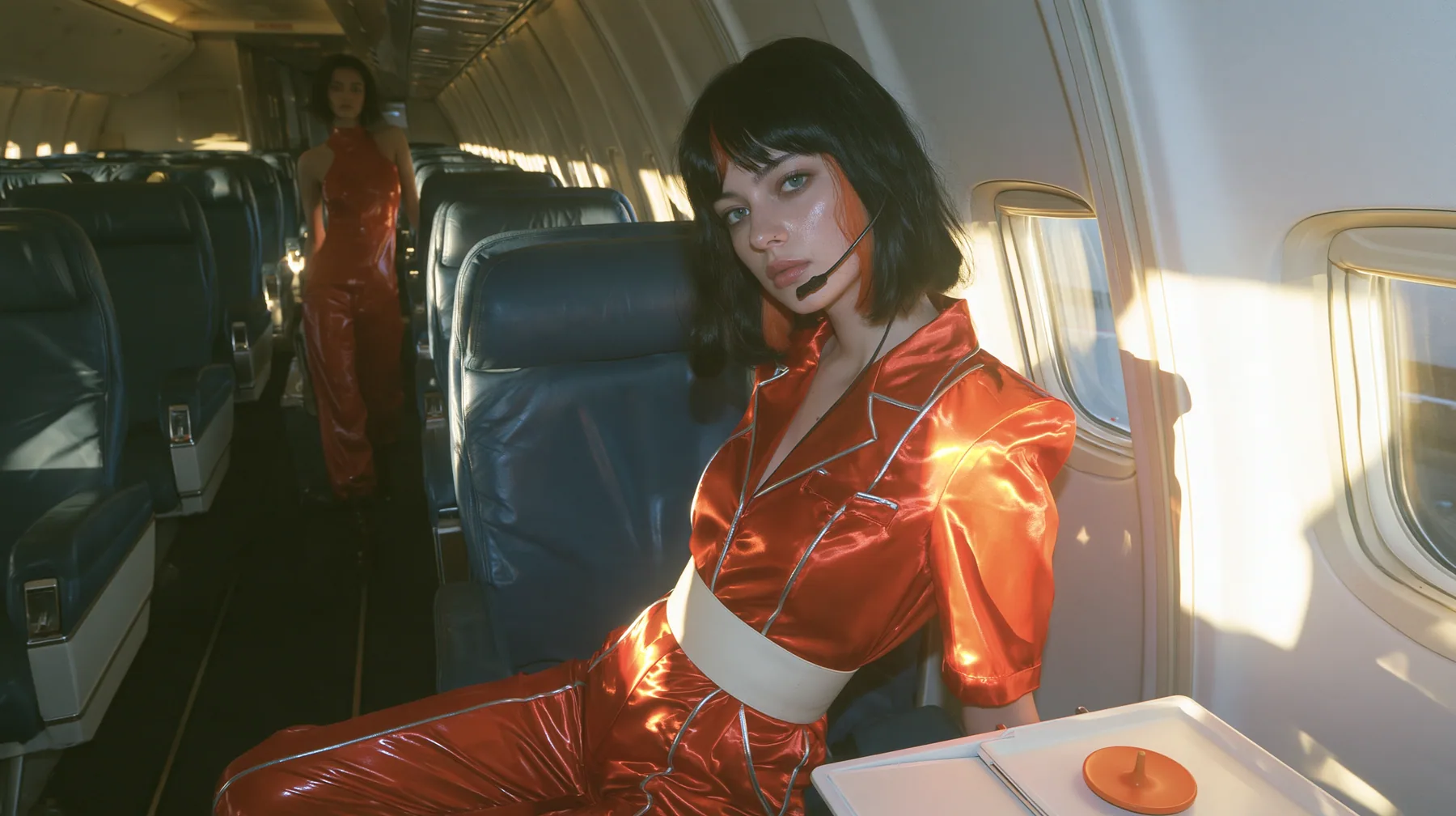 Fashion editorial, sunrise: an eye-level wide shot down the aisle of a widebody airliner cabin with navy leather seats and white walls, golden morning light, a Caucasian American woman in her late twenties with pale…