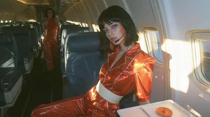 Fashion editorial, sunrise: an eye-level wide shot down the aisle of a widebody airliner cabin with navy leather seats and white walls, golden morning light, a Caucasian American woman in her late twenties with pale…
