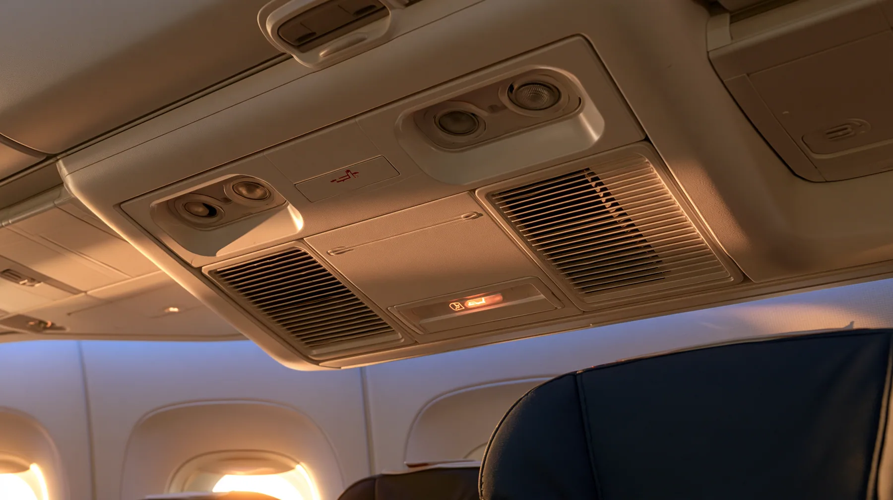 Editorial still life: a close-up looking up at the overhead passenger service unit of a modern widebody airliner, white plastic, two reading lights, air vents and a lit seatbelt-sign icon, soft golden sunrise light…