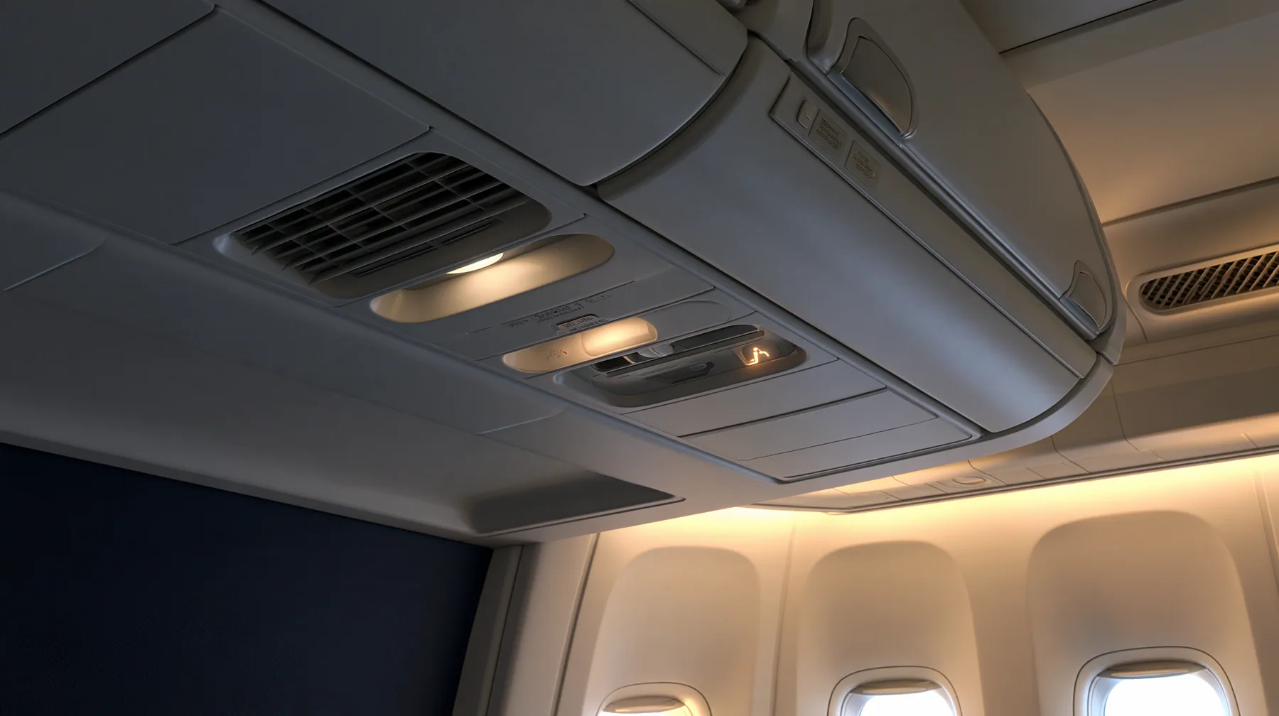 Editorial still life: a close-up looking up at the overhead passenger service unit of a modern widebody airliner, white plastic, two reading lights, air vents and a lit seatbelt-sign icon, soft golden sunrise light…