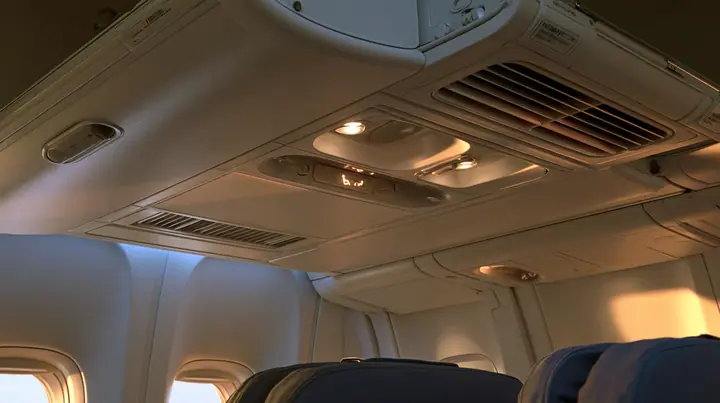 Editorial still life: a close-up looking up at the overhead passenger service unit of a modern widebody airliner, white plastic, two reading lights, air vents and a lit seatbelt-sign icon, soft golden sunrise light…