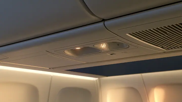 Editorial still life: a close-up looking up at the overhead passenger service unit of a modern widebody airliner, white plastic, two reading lights, air vents and a lit seatbelt-sign icon, soft golden sunrise light…