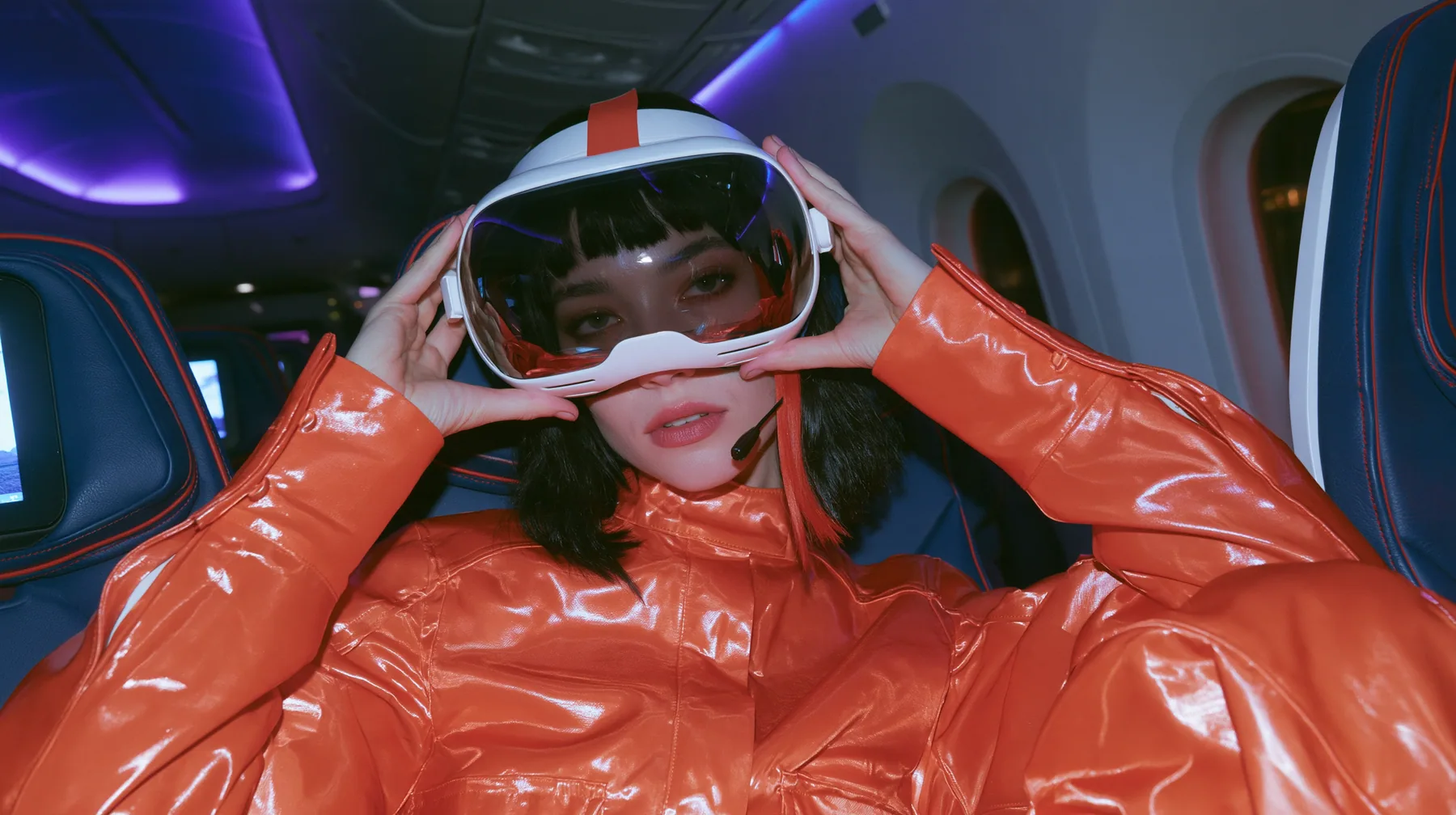 Jet-set fashion editorial, night flight: a medium close-up of a Caucasian American woman in her late twenties with pale skin and a glossy black blunt bob with heavy straight bangs and one clay-orange streak, a thin…