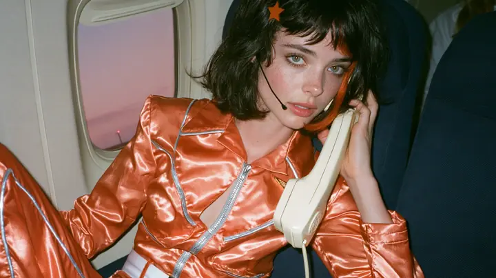 Jet-set fashion editorial, dusk flight: an eye-level medium shot of a Caucasian American woman in her early thirties, a grown woman with elegant mature features, an angular face and defined cheekbones, pale freckled…