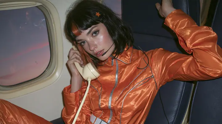 Jet-set fashion editorial, dusk flight: an eye-level medium shot of a Caucasian American woman in her early thirties, a grown woman with elegant mature features, an angular face and defined cheekbones, pale freckled…