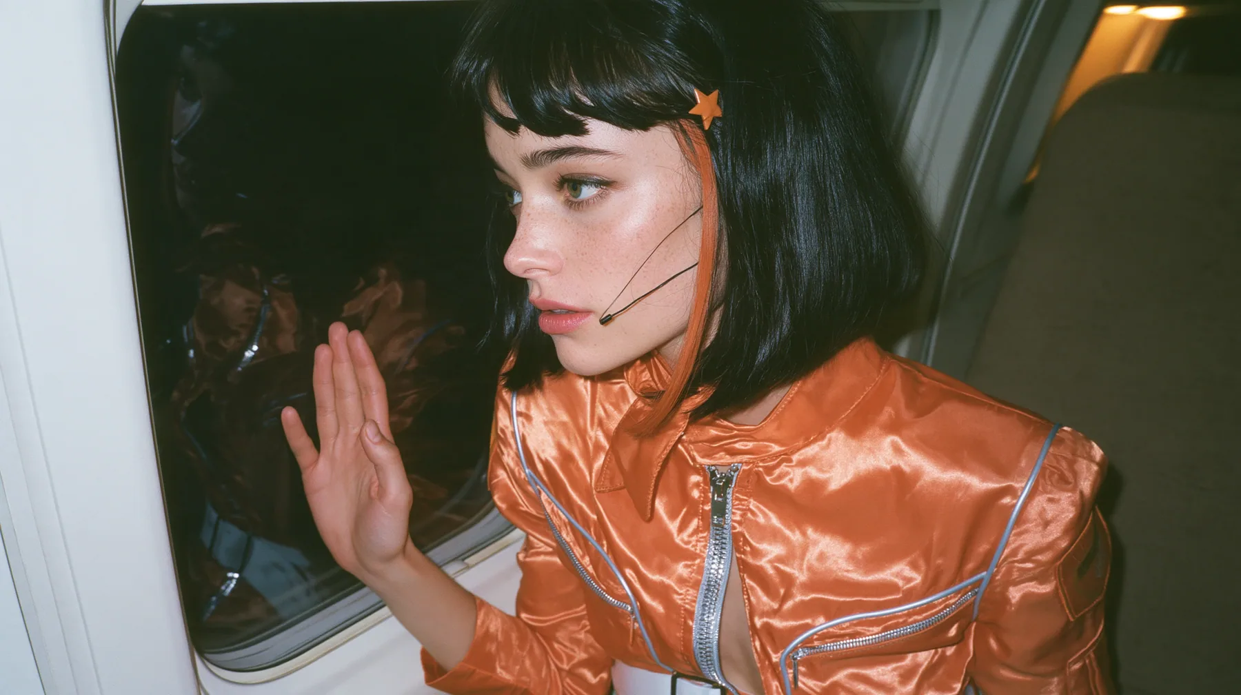 Jet-set fashion editorial, night flight: an eye-level close profile of a Caucasian American woman in her early thirties, a grown woman with elegant mature features, an angular face and defined cheekbones, pale…