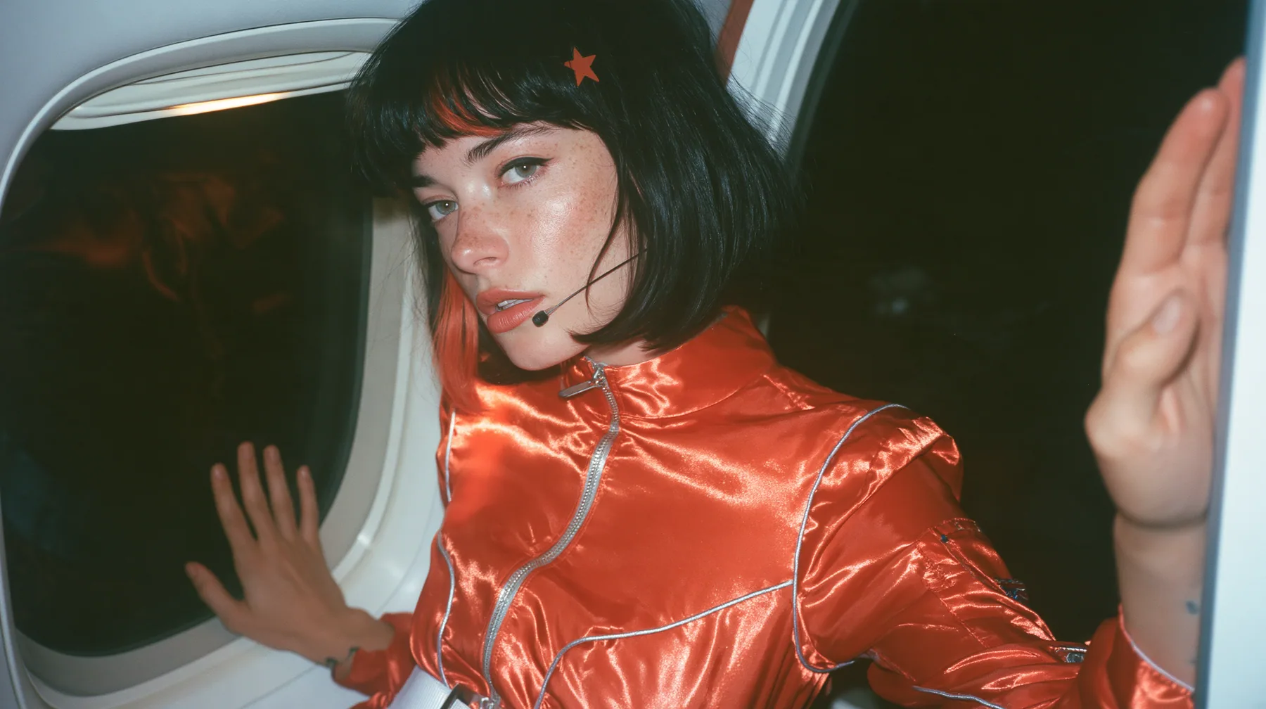 Jet-set fashion editorial, night flight: an eye-level close profile of a Caucasian American woman in her early thirties, a grown woman with elegant mature features, an angular face and defined cheekbones, pale…