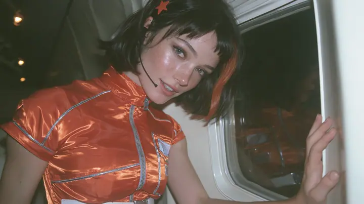 Jet-set fashion editorial, night flight: an eye-level close three-quarter profile of a Caucasian American woman in her early thirties, a grown woman with elegant mature features, an angular face and defined…