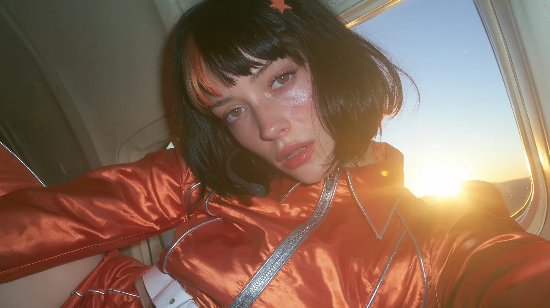 Jet-set fashion editorial, sunrise flight: an eye-level close-up of a Caucasian American woman in her early thirties, a grown woman with elegant mature features, an angular face and defined cheekbones, pale freckled…