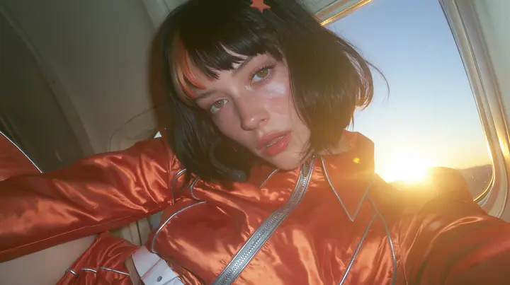 Jet-set fashion editorial, sunrise flight: an eye-level close-up of a Caucasian American woman in her early thirties, a grown woman with elegant mature features, an angular face and defined cheekbones, pale freckled…