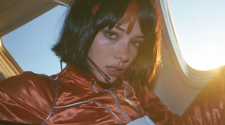 Jet-set fashion editorial, sunrise flight: an eye-level close-up of a Caucasian American woman in her early thirties, a grown woman with elegant mature features, an angular face and defined cheekbones, pale freckled…