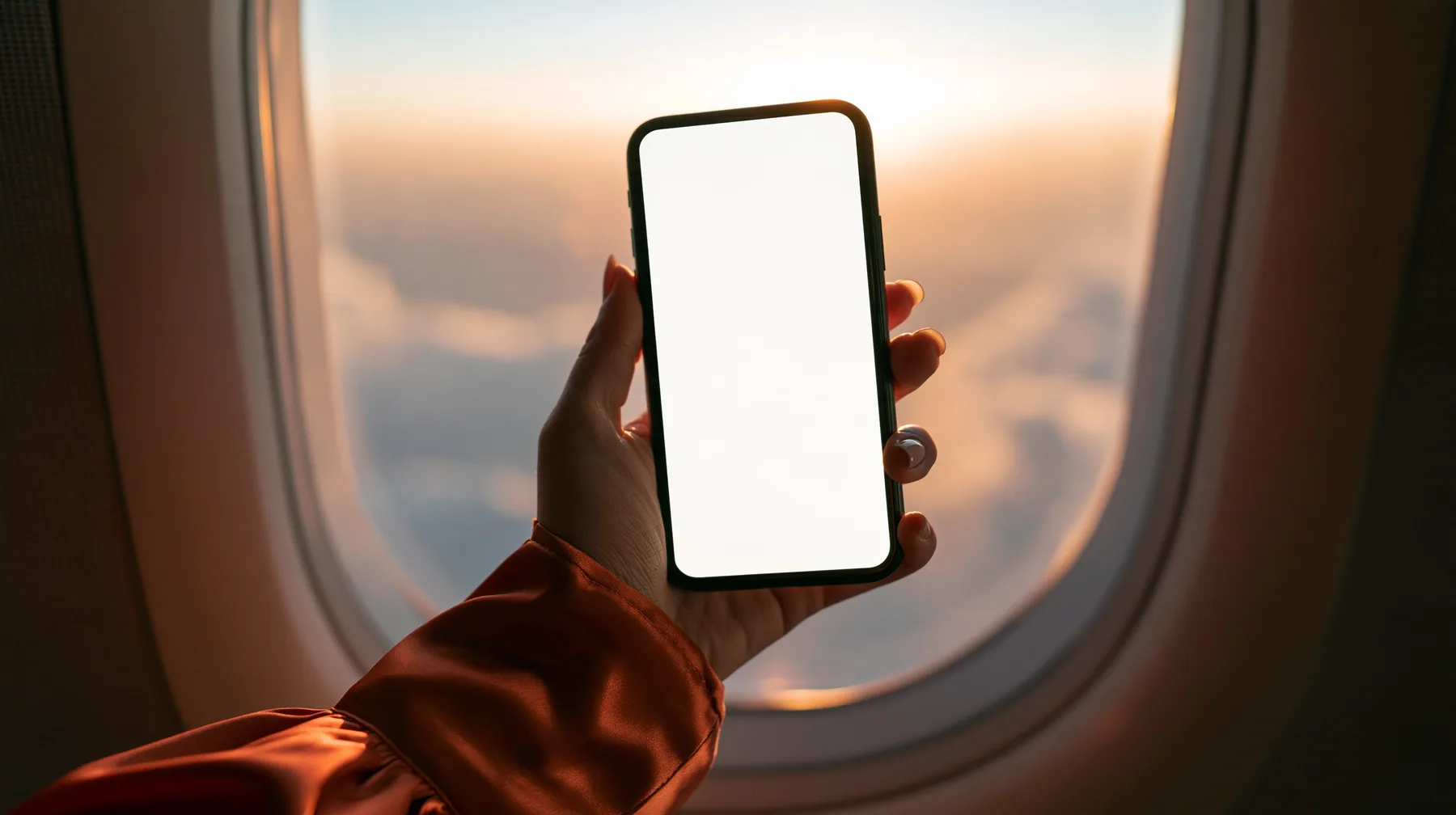 Editorial close-up, sunrise flight: a pale woman's hand with short natural nails in a glossy international-orange satin cuff holding a black smartphone in landscape up toward an oval airplane window, the phone's…