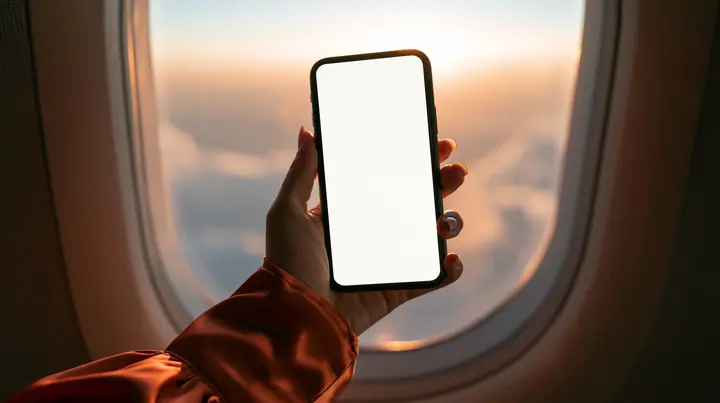 Editorial close-up, sunrise flight: a pale woman's hand with short natural nails in a glossy international-orange satin cuff holding a black smartphone in landscape up toward an oval airplane window, the phone's…