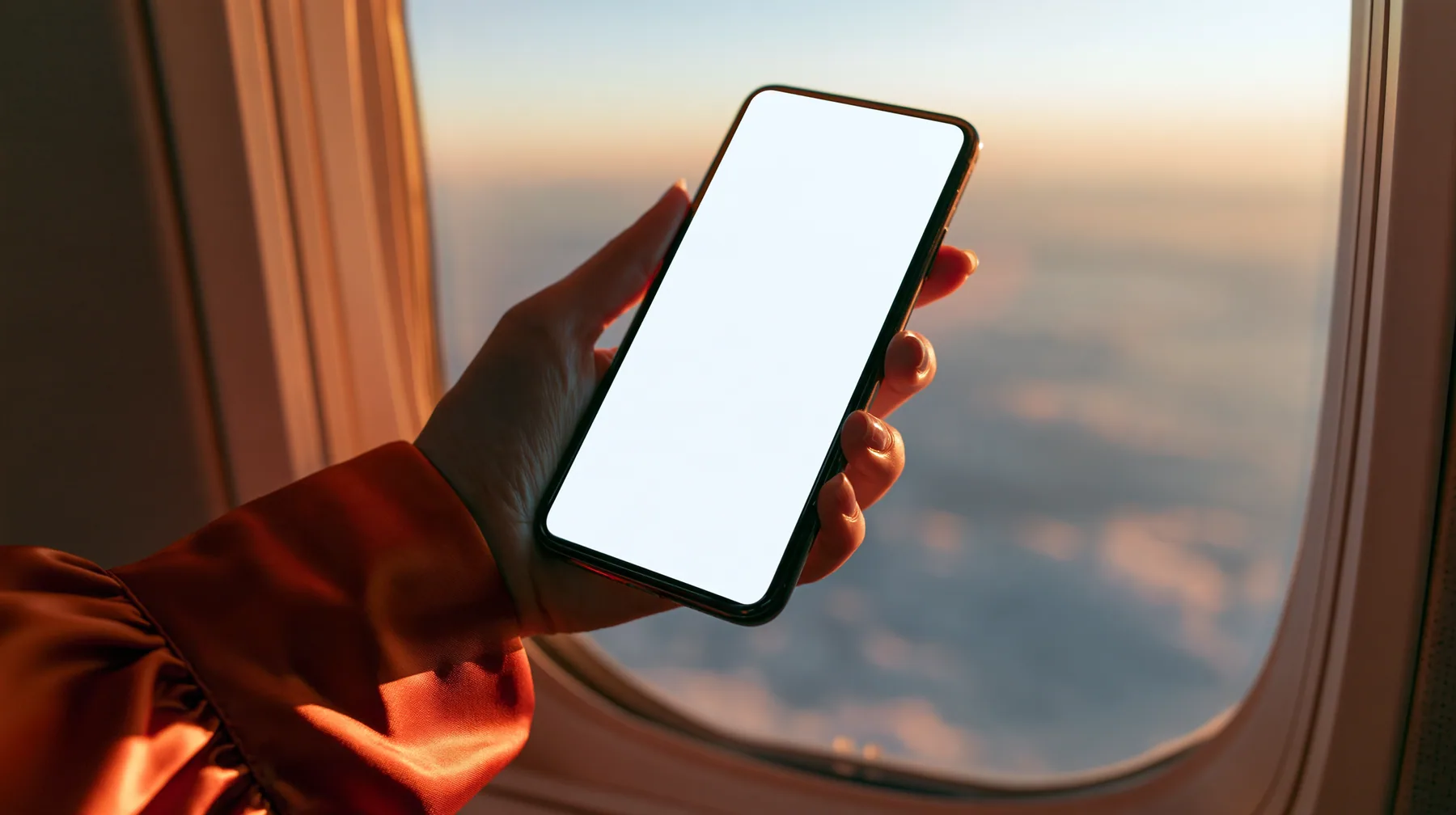 Editorial close-up, sunrise flight: a pale woman's hand with short natural nails in a glossy international-orange satin cuff holding a black smartphone in landscape up toward an oval airplane window, the phone's…
