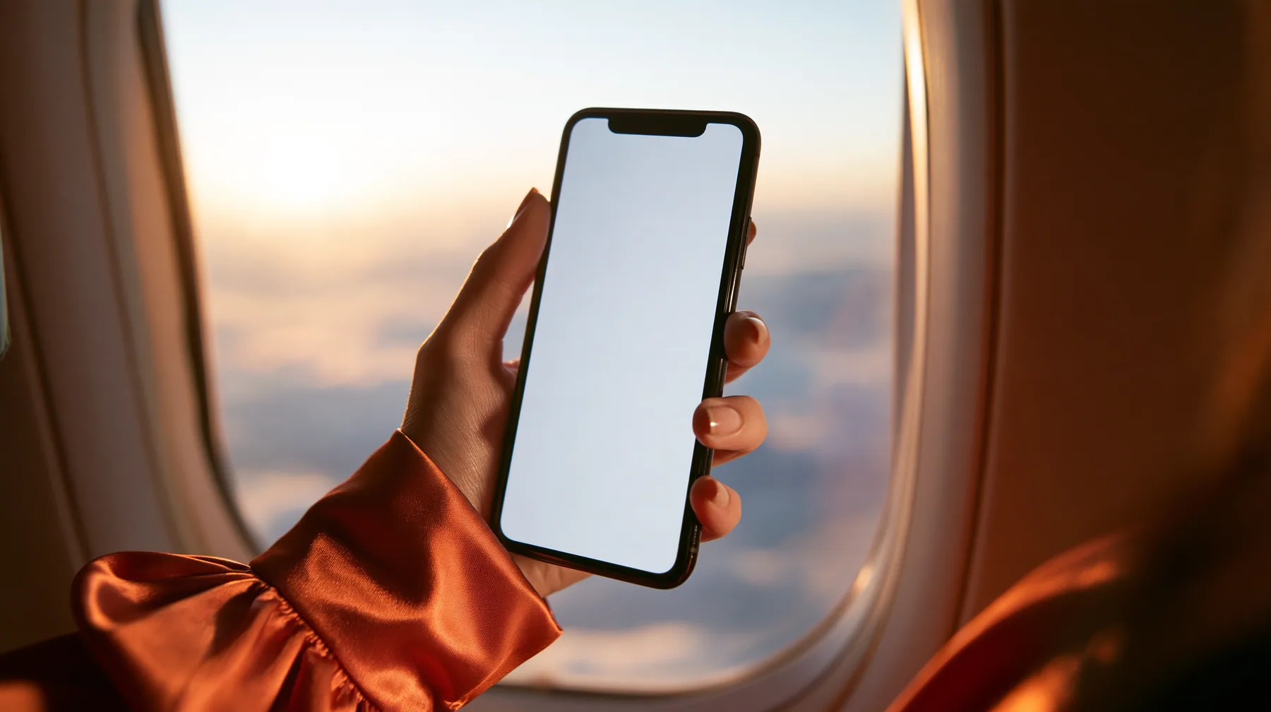 Editorial close-up, sunrise flight: a pale woman's hand with short natural nails in a glossy international-orange satin cuff holding a black smartphone in landscape up toward an oval airplane window, the phone's…
