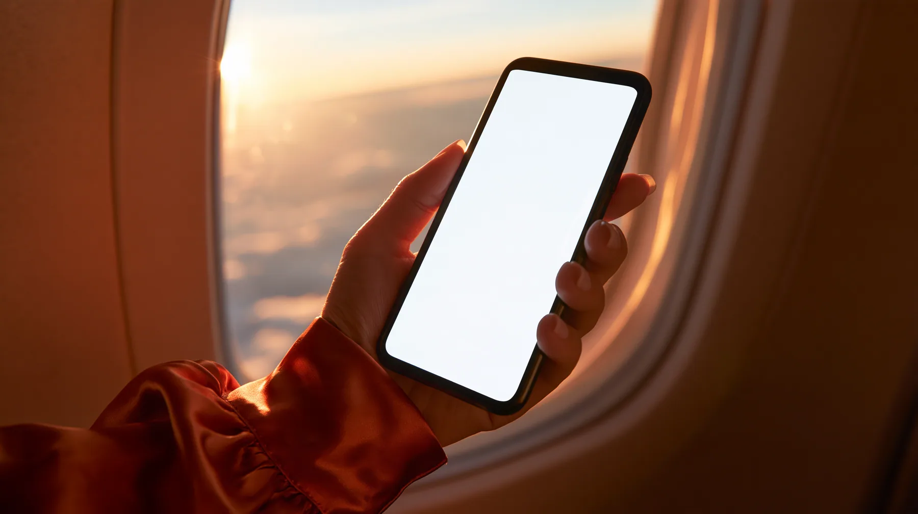 Editorial close-up, sunrise flight: a pale woman's hand with short natural nails in a glossy international-orange satin cuff holding a black smartphone in landscape up toward an oval airplane window, the phone's…