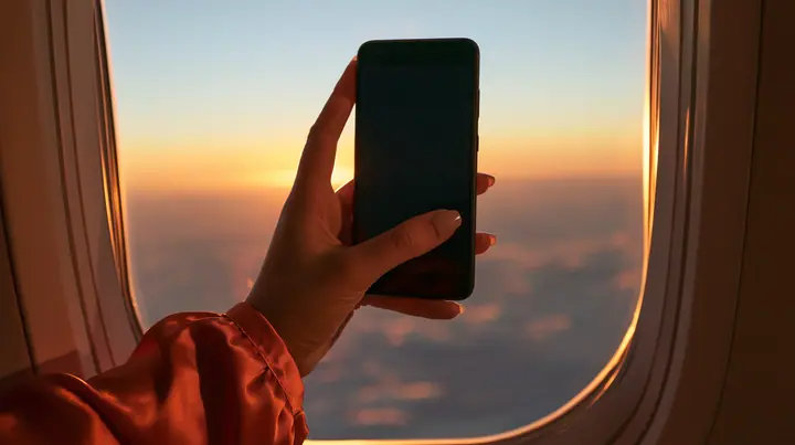 Editorial close-up, sunrise flight: a pale hand with short natural nails, glossy international-orange satin sleeve, holding a black smartphone horizontally against an oval airplane window, its blank screen toward the…