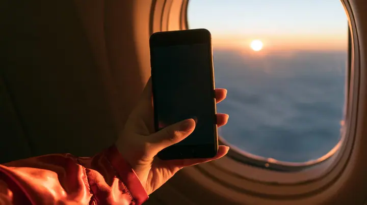 Editorial close-up, sunrise flight: a pale hand with short natural nails, glossy international-orange satin sleeve, holding a black smartphone horizontally against an oval airplane window, its blank screen toward the…