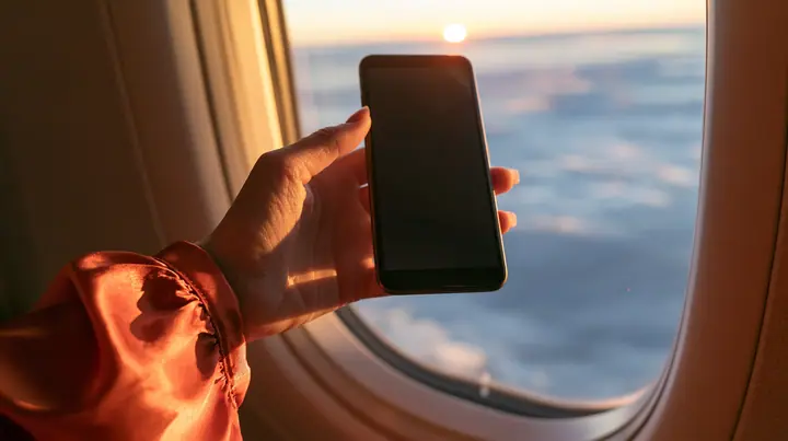 Editorial close-up, sunrise flight: a pale hand with short natural nails, glossy international-orange satin sleeve, holding a black smartphone horizontally against an oval airplane window, its blank screen toward the…