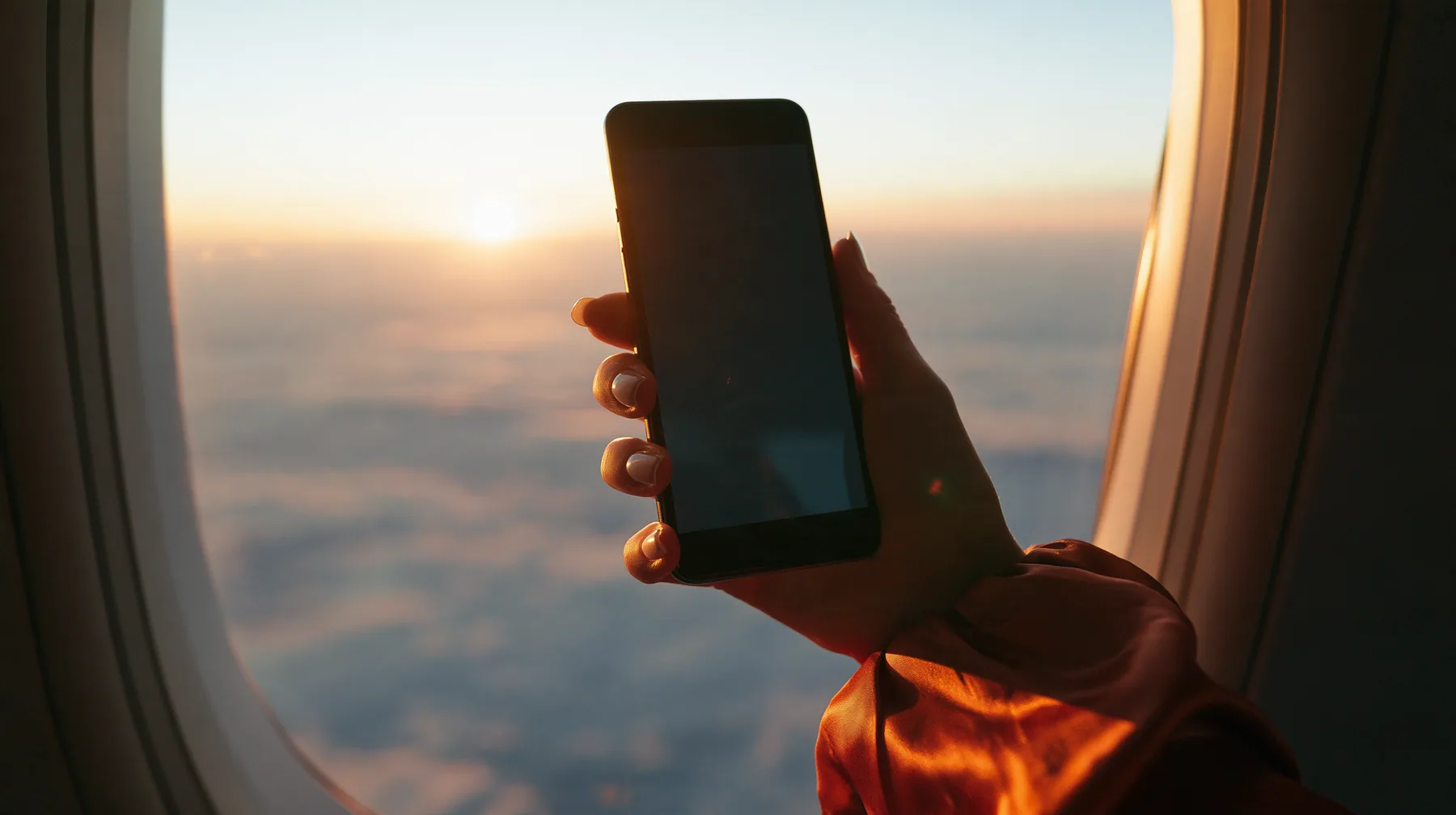Editorial close-up, sunrise flight: a pale hand with short natural nails, glossy international-orange satin sleeve, holding a black smartphone horizontally against an oval airplane window, its blank screen toward the…