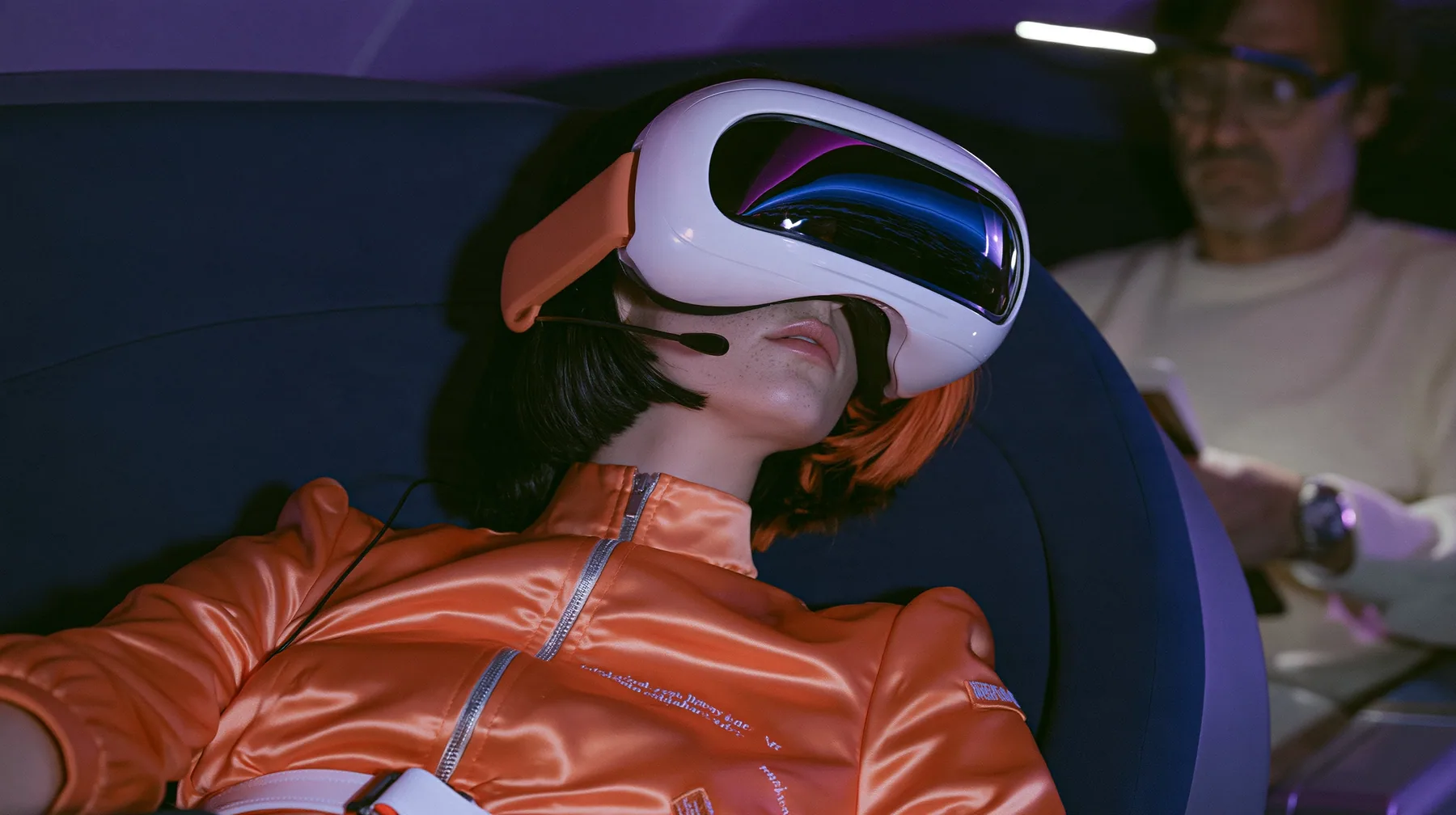 Jet-set fashion editorial, night flight: in the window seat a Caucasian American woman in her early thirties, an angular adult face, pale freckled skin, a glossy black blunt bob with heavy bangs and one clay-orange…