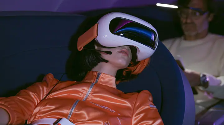 Jet-set fashion editorial, night flight: in the window seat a Caucasian American woman in her early thirties, an angular adult face, pale freckled skin, a glossy black blunt bob with heavy bangs and one clay-orange…