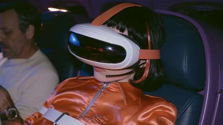 Jet-set fashion editorial, night flight: in the window seat a Caucasian American woman in her early thirties, an angular adult face, pale freckled skin, a glossy black blunt bob with heavy bangs and one clay-orange…