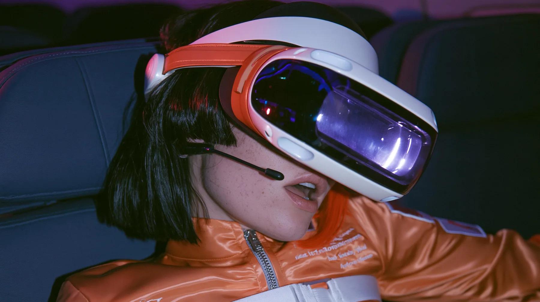 Jet-set fashion editorial, night flight: an eye-level medium close-up of a Caucasian American woman in her early thirties, an angular adult face, pale freckled skin, a glossy black blunt bob with heavy bangs and one…