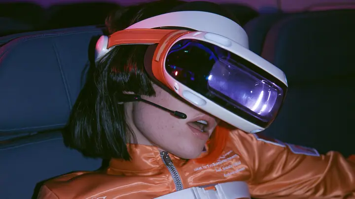 Jet-set fashion editorial, night flight: an eye-level medium close-up of a Caucasian American woman in her early thirties, an angular adult face, pale freckled skin, a glossy black blunt bob with heavy bangs and one…