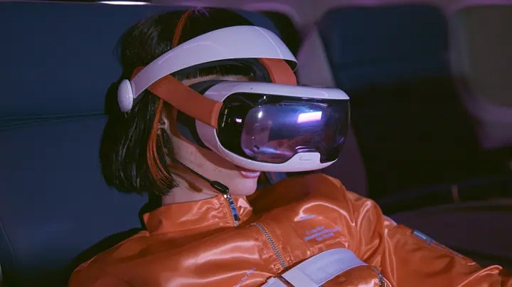 Jet-set fashion editorial, night flight: an eye-level medium close-up of a Caucasian American woman in her early thirties, an angular adult face, pale freckled skin, a glossy black blunt bob with heavy bangs and one…