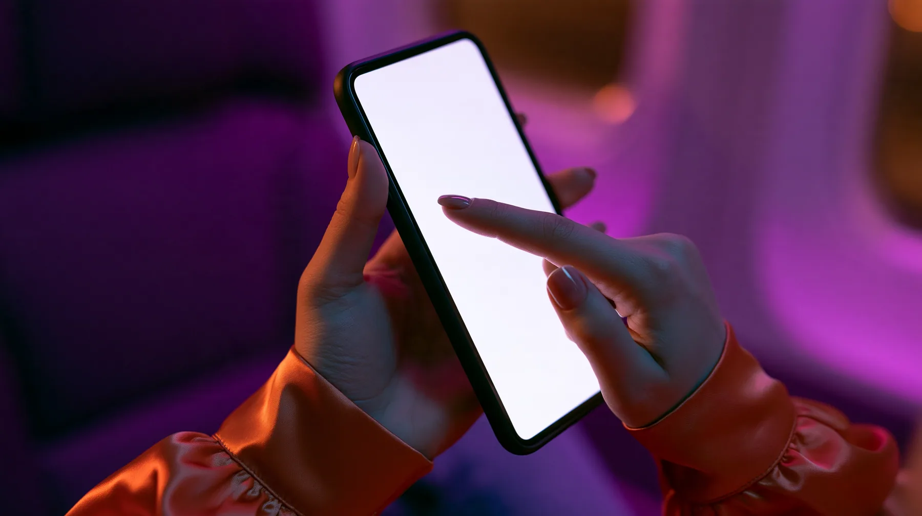 Editorial macro, night flight: a pale woman's left hand with short natural nails holds a black smartphone upright, its blank bright white screen toward the camera, the index finger of her right hand touching the…