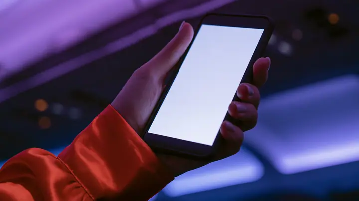 Editorial close-up, night flight: a fair-skinned hand, short clean nails, glossy international-orange satin sleeve cuff, holding a black smartphone in portrait at chest height, the thumb resting on the top left…