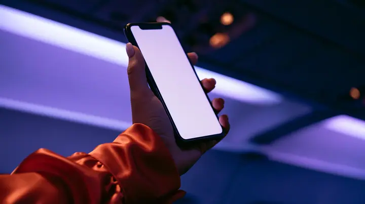 Editorial close-up, night flight: a fair-skinned hand, short clean nails, glossy international-orange satin sleeve cuff, holding a black smartphone in portrait at chest height, the thumb resting on the top left…