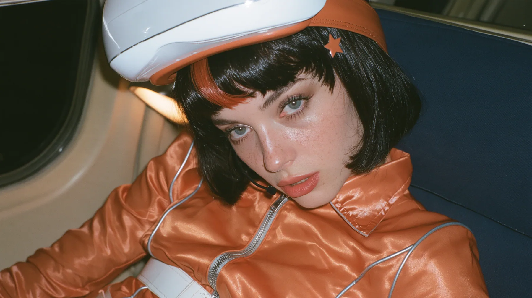 Jet-set fashion editorial, night flight: an eye-level close-up of a Caucasian American woman in her early thirties, a grown woman with elegant mature features, an angular face and defined cheekbones, pale freckled…