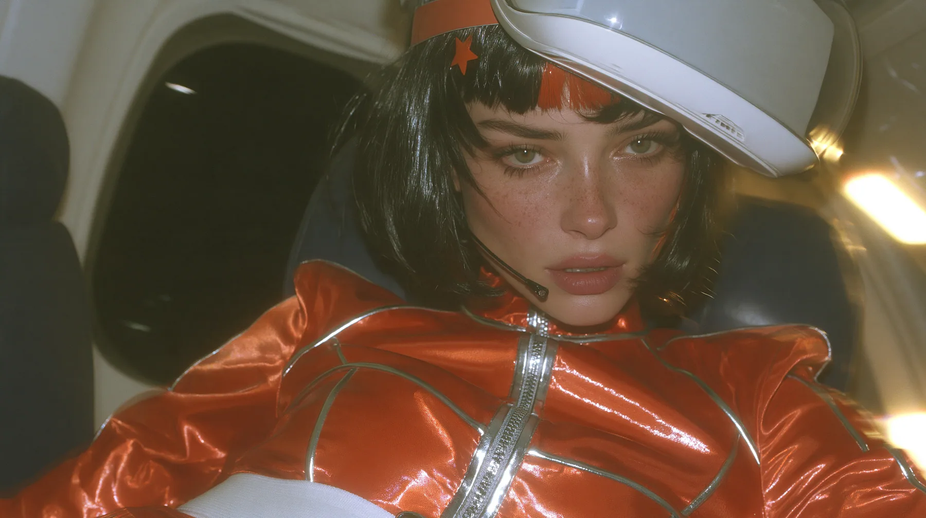 Jet-set fashion editorial, night flight: an eye-level close-up of a Caucasian American woman in her early thirties, a grown woman with elegant mature features, an angular face and defined cheekbones, pale freckled…
