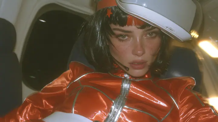 Jet-set fashion editorial, night flight: an eye-level close-up of a Caucasian American woman in her early thirties, a grown woman with elegant mature features, an angular face and defined cheekbones, pale freckled…