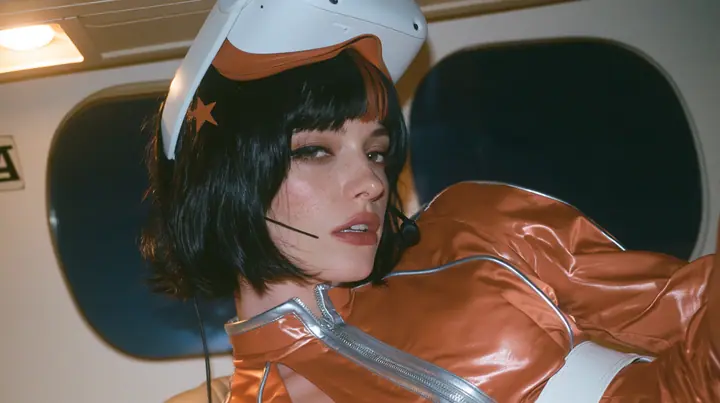 Jet-set fashion editorial, night flight: a close-up portrait of a Caucasian American woman in her early thirties, a grown woman with elegant mature features, an angular face and defined cheekbones, pale freckled…