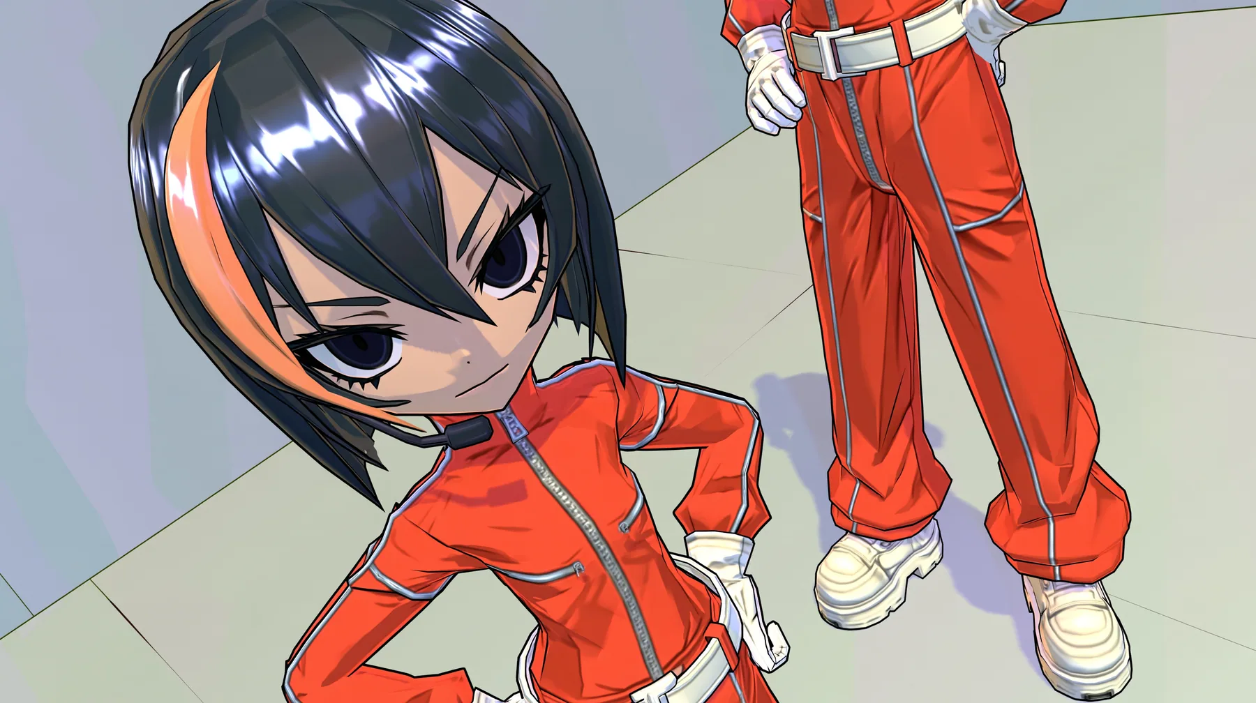 Full body front view of the same 3D anime video game heroine as the reference, a grown woman with ADULT proportions: a slim tall figure, long legs, her head about one seventh of her height; a glossy faceted black bob…