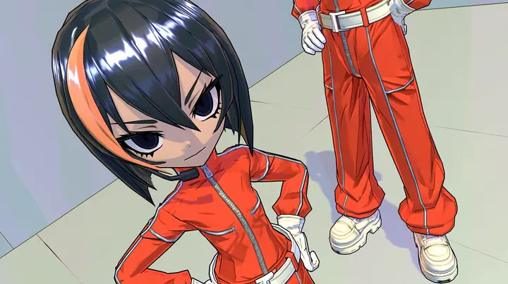 Full body front view of the same 3D anime video game heroine as the reference, a grown woman with ADULT proportions: a slim tall figure, long legs, her head about one seventh of her height; a glossy faceted black bob…
