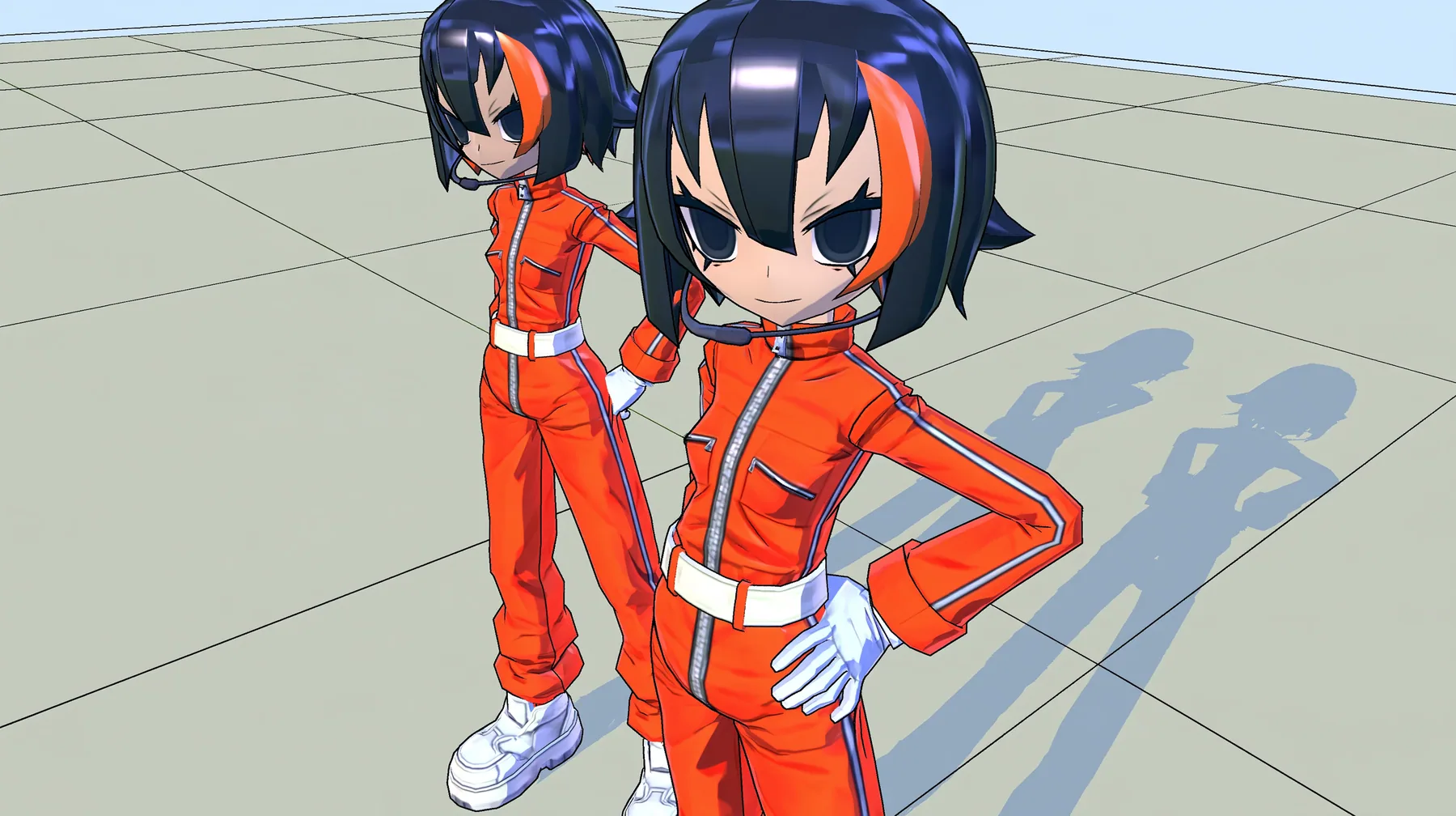 Full body front view of the same 3D anime video game heroine as the reference, a grown woman with ADULT proportions: a slim tall figure, long legs, her head about one seventh of her height; a glossy faceted black bob…